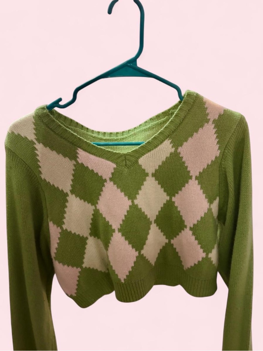 Green Argyle Cropped V-Neck Sweater